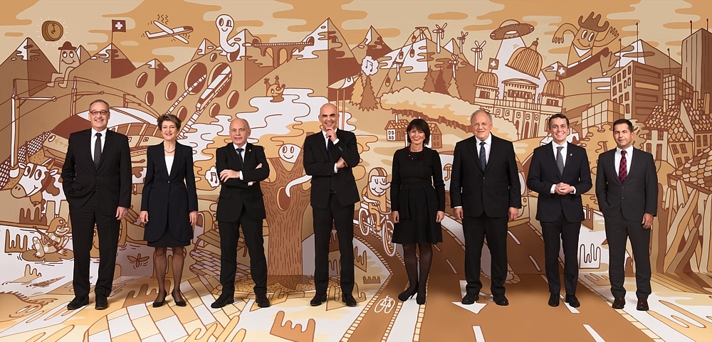 the seven ministers, from left, and the Federal Chancellor (elected civil service head), right, in the official Swiss Federal Council photo 2018