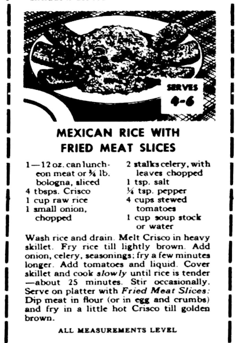 สูตรข้าวเม็กซิกัน จากโฆษณาเนยขาวยี่ห้อคริสโค ในปี ค.ศ. 1943 (Library of Congress)