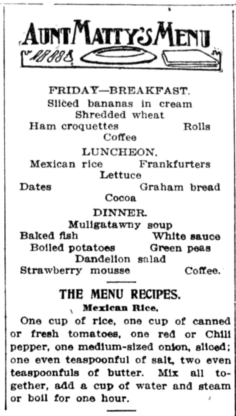 ตำรับอาหารชุดในปี ค.ศ. 1910 มีข้าวเม็กซิโกและไส้กรอกเป็นส่วนประกอบ (Library of Congress)