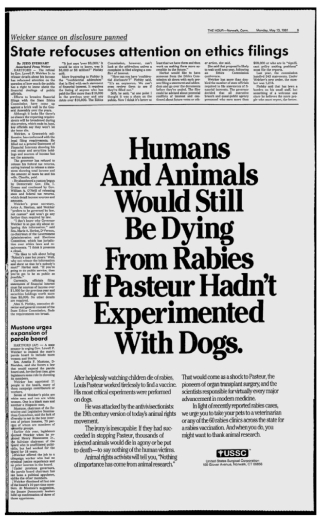 โฆษณาบนหนังสือพิมพ์ The Hour ฉบับลงวันที่ 13 พฤษภาคม 1991 จากฝ่ายที่ต่อสู้เพื่องานวิจัยทางการแพทย์